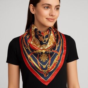 1632- Women’s Square Scarf Red Navy Gold Print 100% Polyester 35”x35” NWT